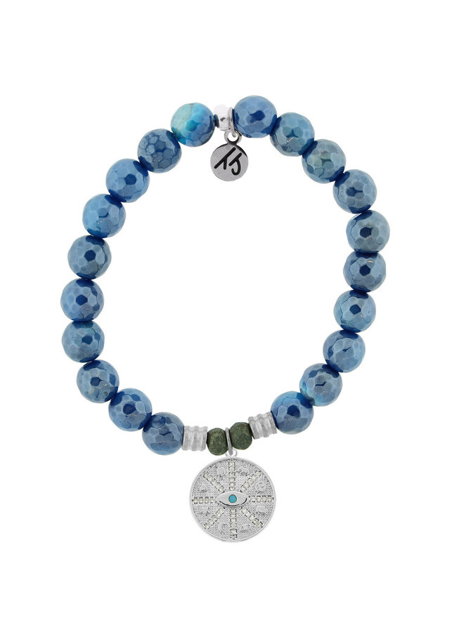 Blue Agate Stone Bracelet with Protection Sterling Silver Charm