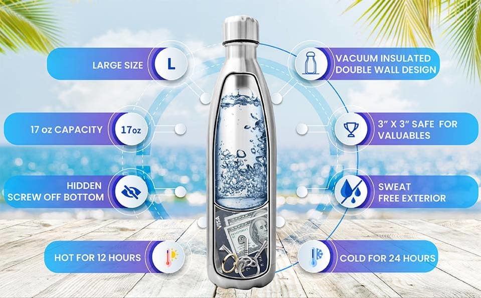 Diversion Safe Water Bottle - Stainless Steel Bottle with Hidden  Compartment for Cards, Keys, Cash, and Valuables - Insulated Bottle for Hot  and Cold
