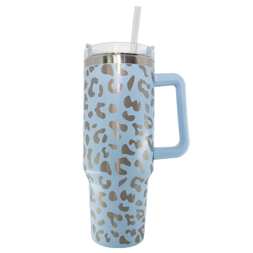 Light Blue METALLIC Leopard Tumbler Cup with Handle