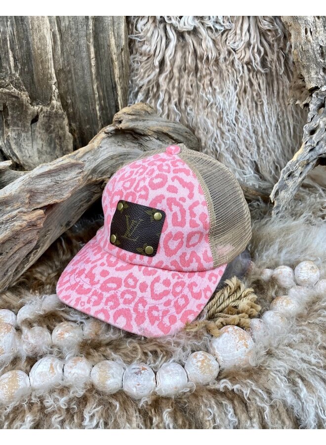 Upcycled Louis Vuitton leopard print trucker hat  Leopard print beanie,  Retro hats, Pink ball caps