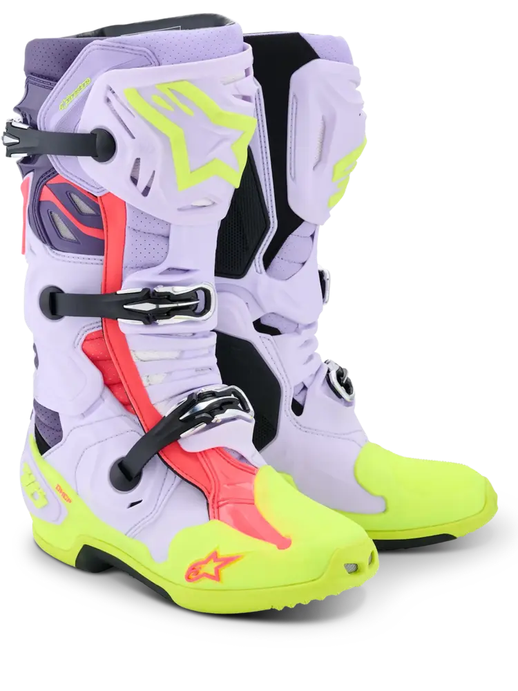ALPINESTARS TECH 10 SUPERVENTED MX BOOTS PURPLE/FLUO YELLOW/DIVA PINK