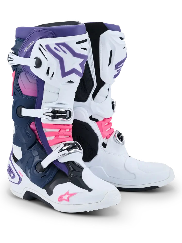 ALPINESTARS TECH 10 MX BOOTS WHITE/VIOLET/NAVY PINK FLUO