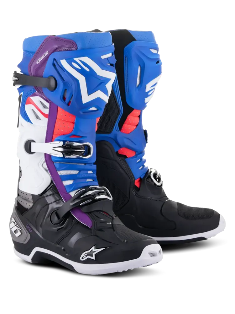 ALPINESTARS TECH 10 SUPERVENTED MX BOOTS BLACK/ENAMEL BLUE/PURPLE/WHITE SZ 8