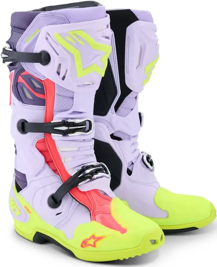 ALPINESTARS TECH 10 SUPERVENTED MX BOOTS PURPLE/FLUO YELLOW/DIVA PINK