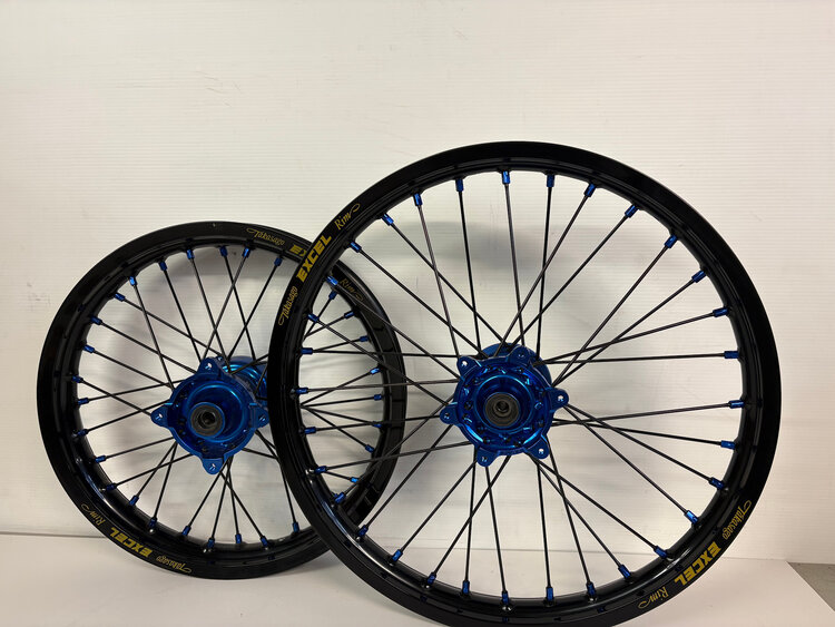 KITE Kite/Excel Wheel Set KX85 '01-'27 16"/19" - Blue Hubs/Black Rims/Black Spokes/Blue Nipples