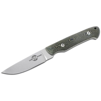 The White River White River Knives Small Game Knife 2.625" S35VN Stonewashed Blade, Black/OD Green Linen Micarta Handles, Leather Sheath (WRSG-LBO)