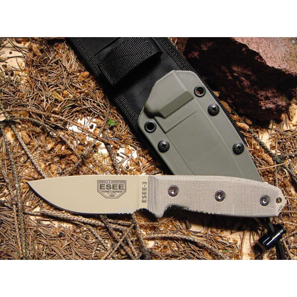 ESEE ESEE Knives ESEE-3P-MB-DT Desert Tan Plain Edge, OD Green Sheath, MOLLE Back and Clip Plate