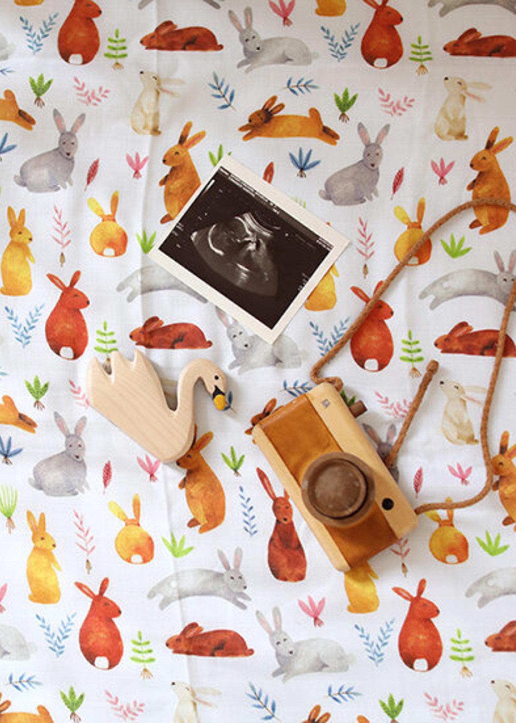 The Fox in the Attic Muslin Swaddle Blanket- Bunnies