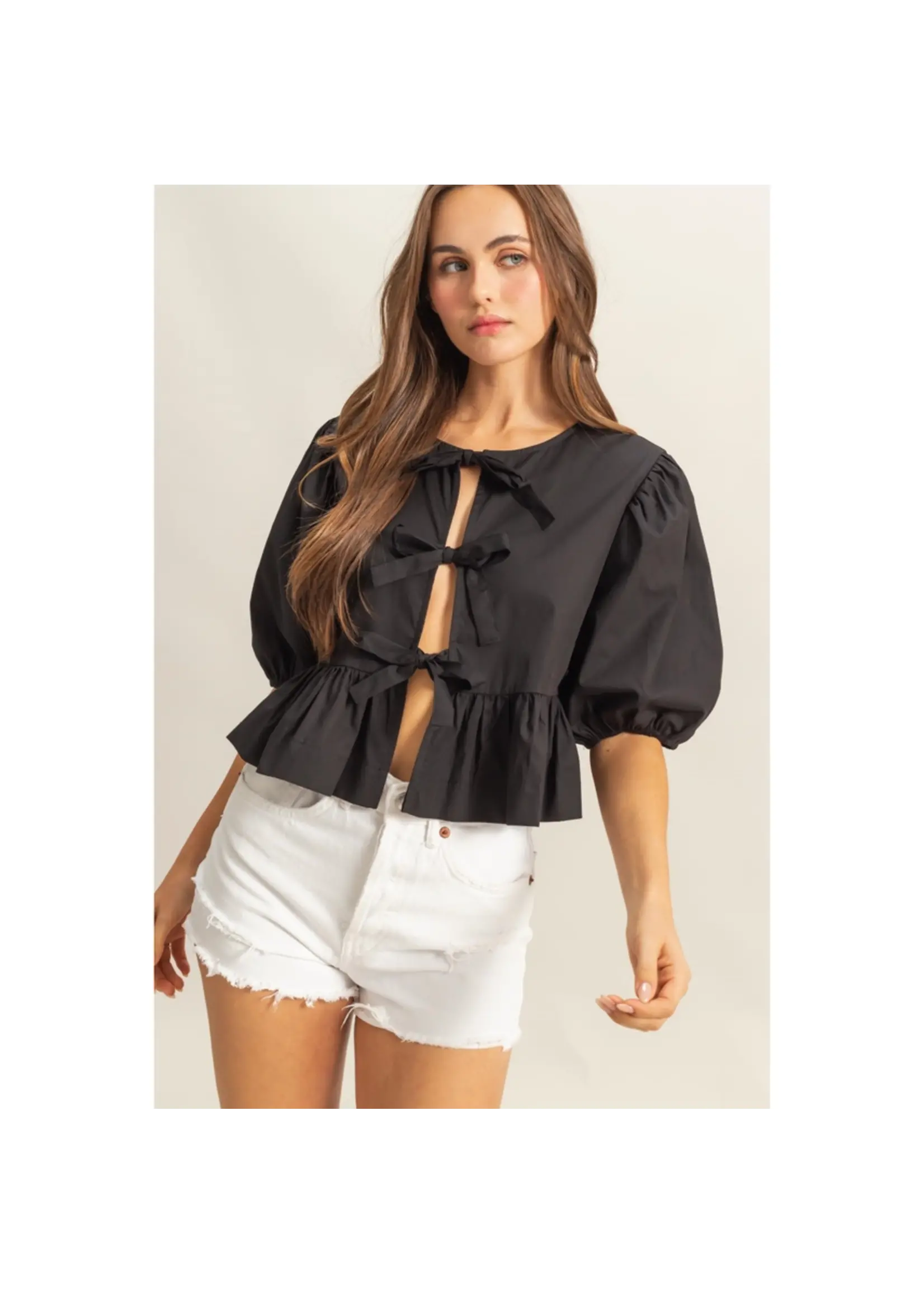 Ribbon Tie Open Front Peplum Top