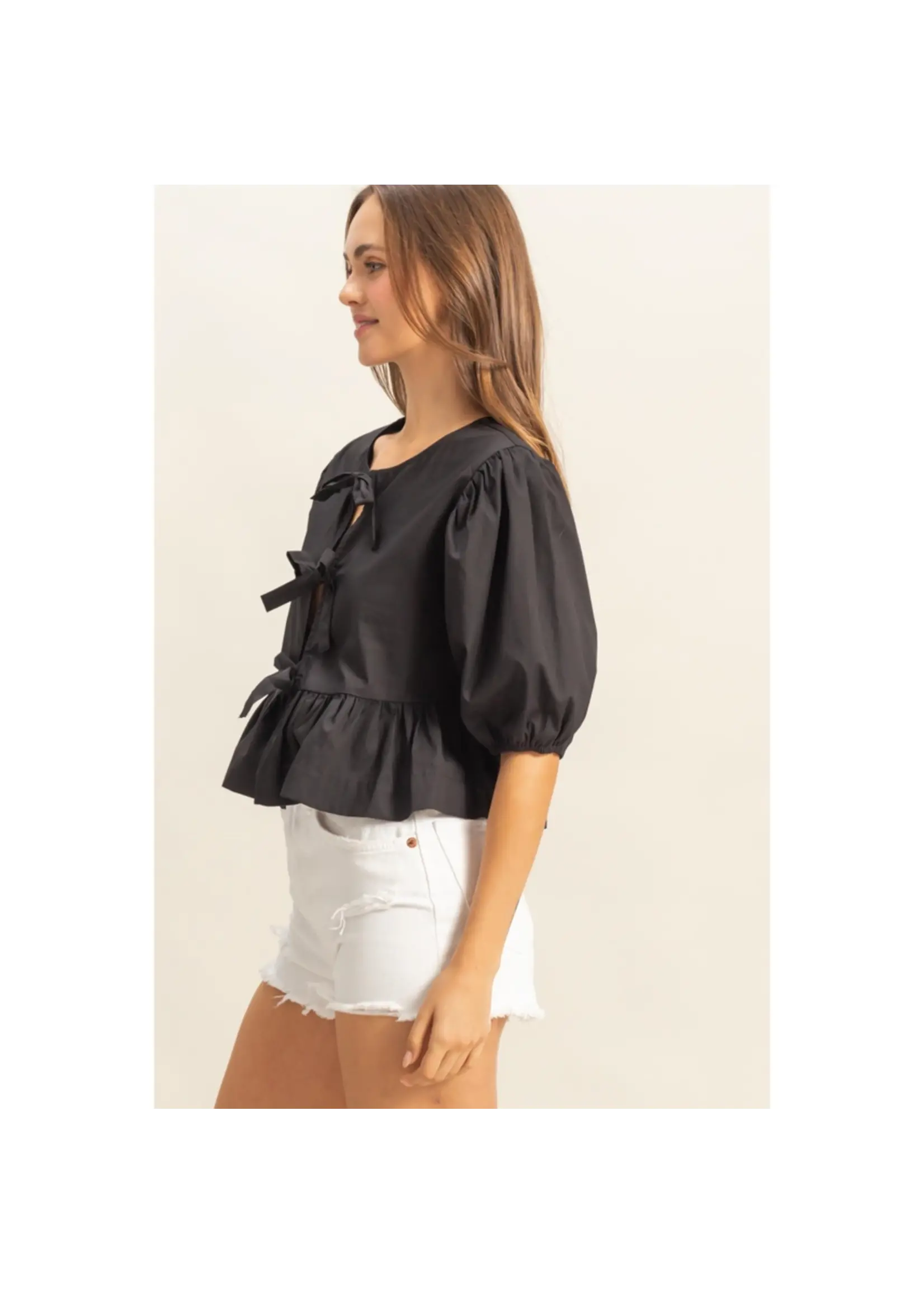 Ribbon Tie Open Front Peplum Top