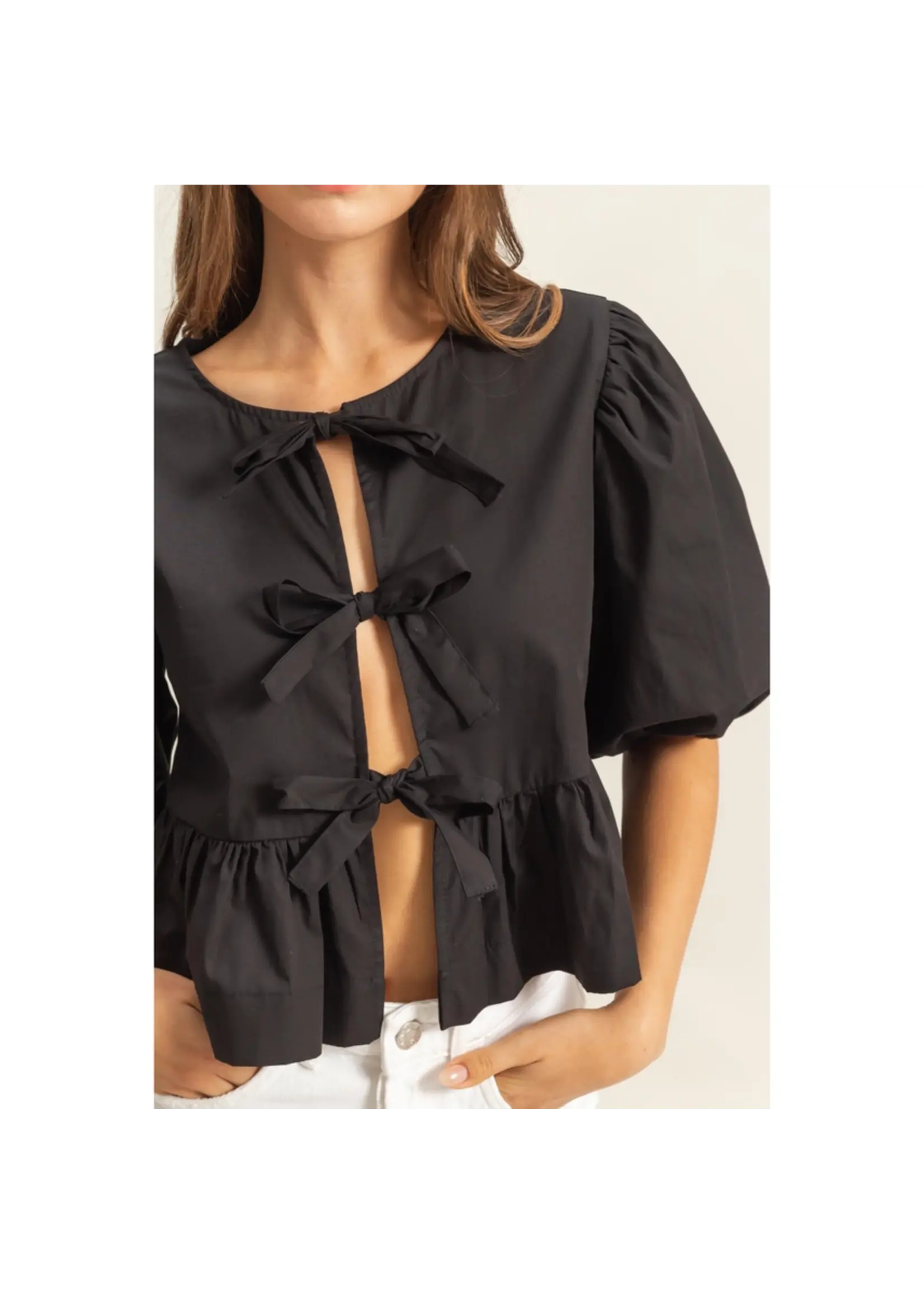 Ribbon Tie Open Front Peplum Top
