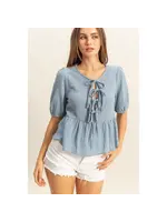 Puff Sleeve Ribbon Tie Peplum Blouse