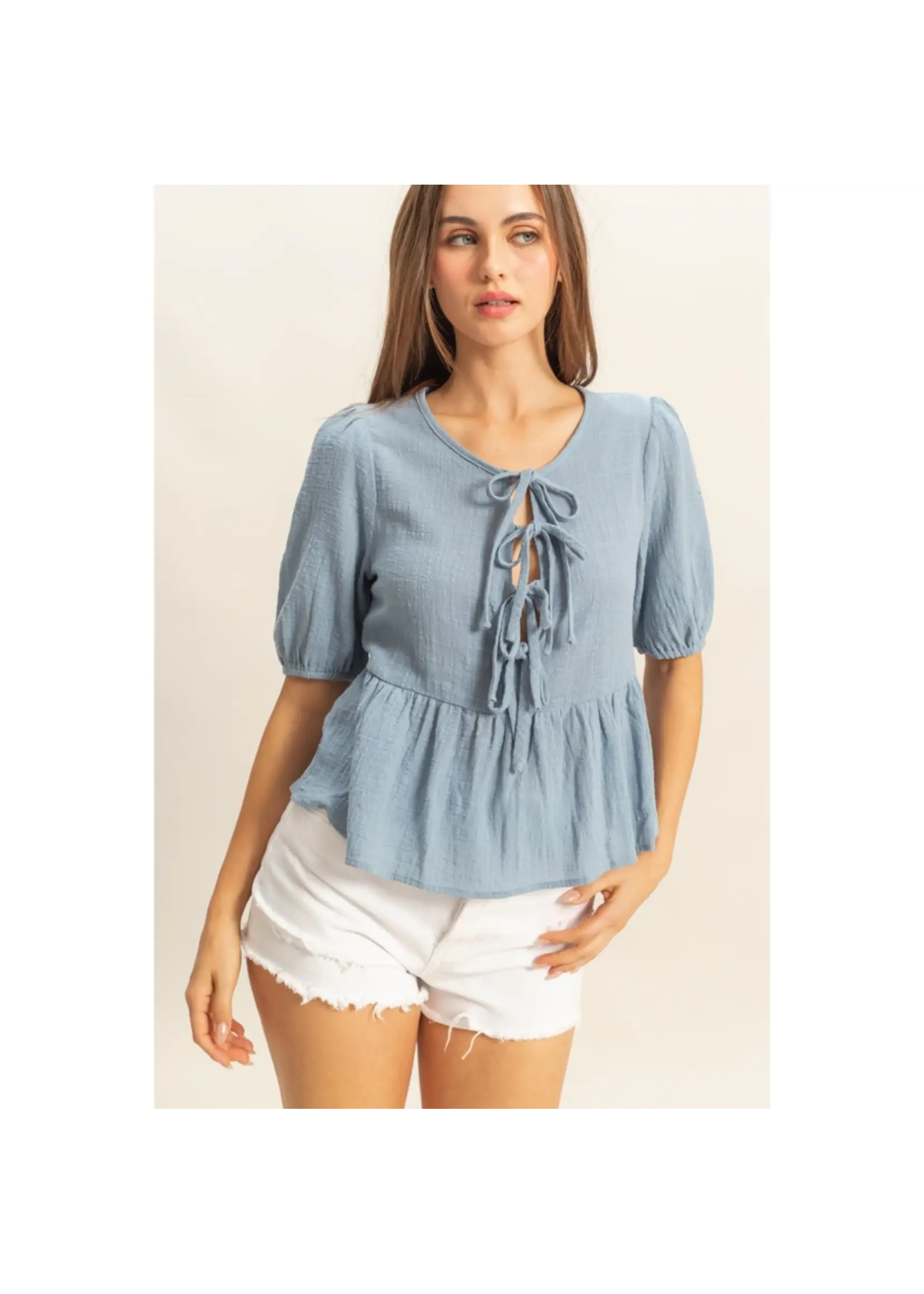 Puff Sleeve Ribbon Tie Peplum Blouse