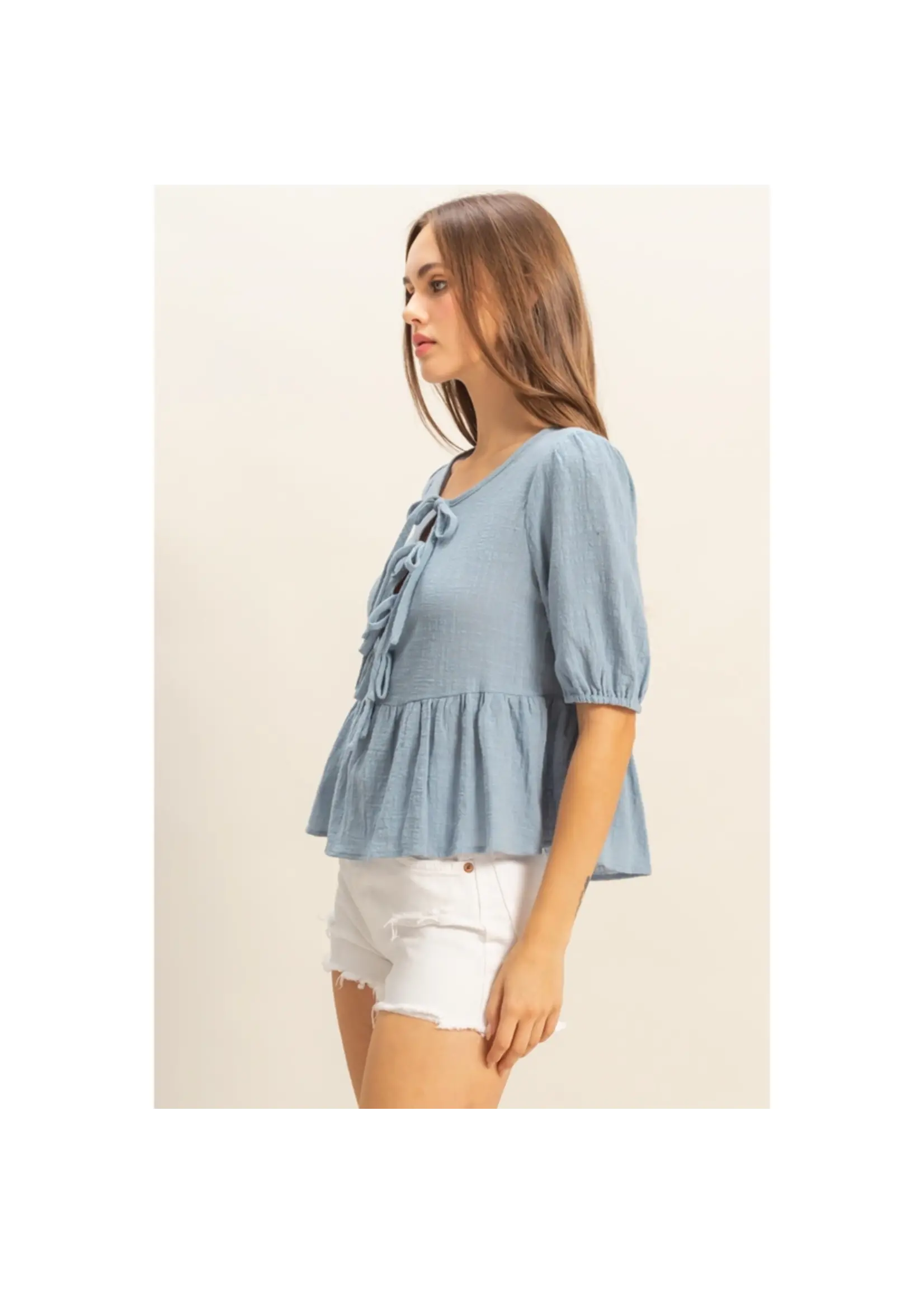 Puff Sleeve Ribbon Tie Peplum Blouse