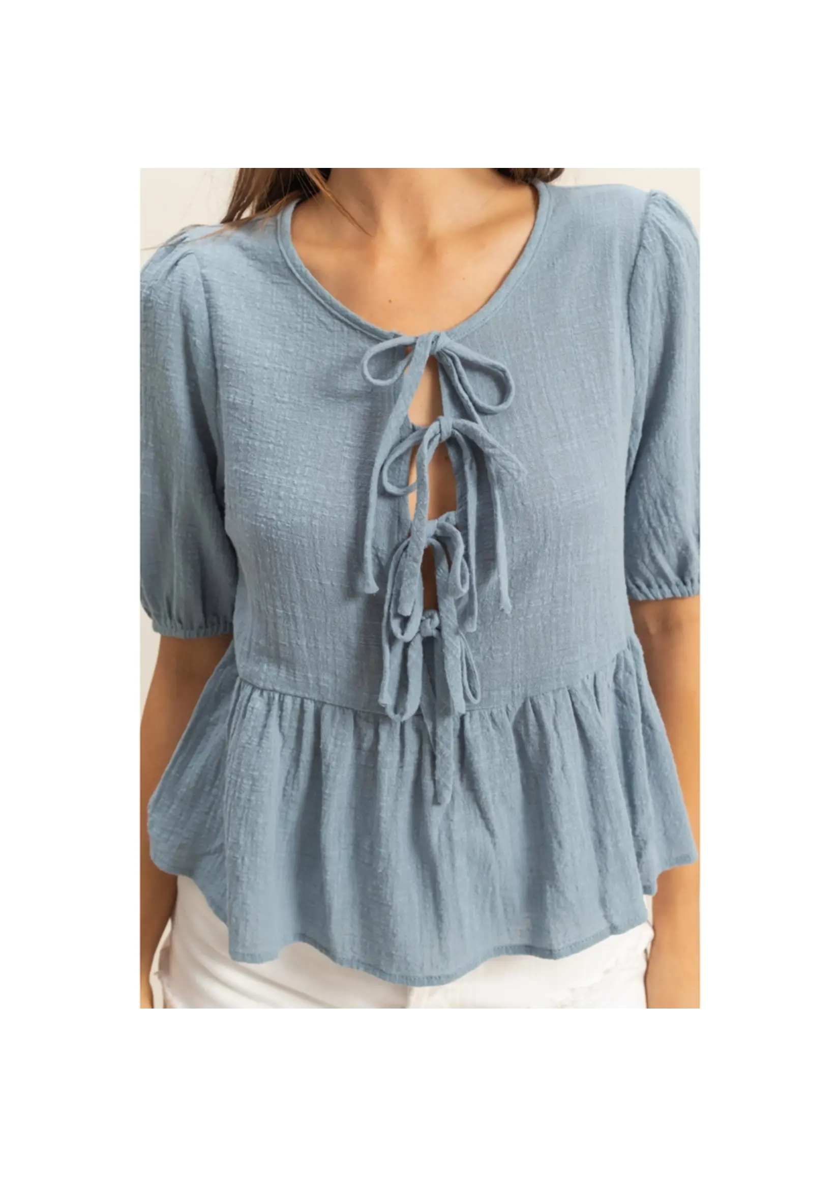 Puff Sleeve Ribbon Tie Peplum Blouse