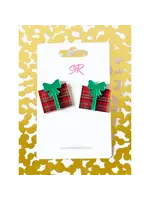 Red Plaid Acrylic Christmas Present Stud Earring