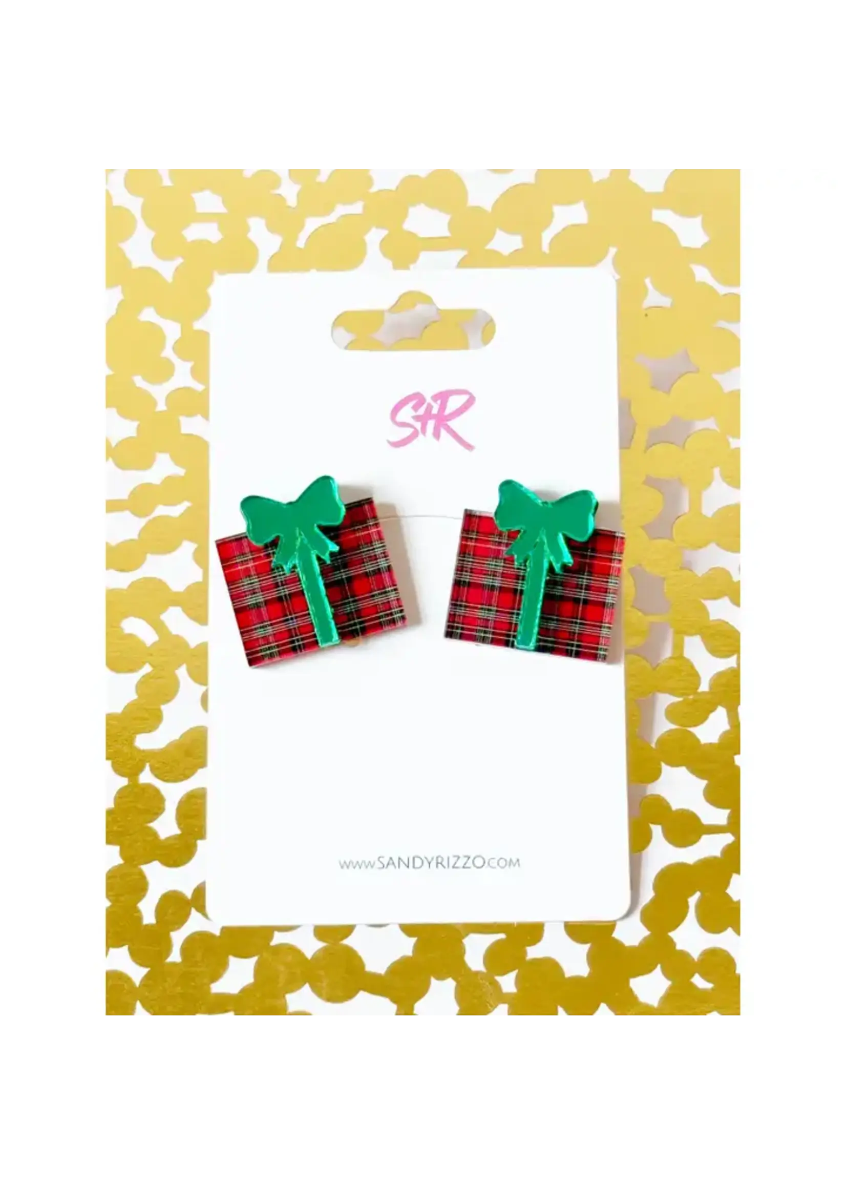 Red Plaid Acrylic Christmas Present Stud Earring