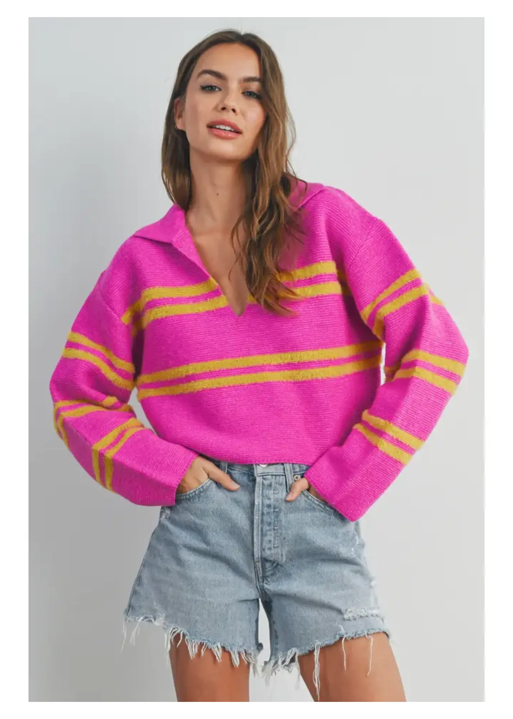 Stripe Crop Collar Sweater Top