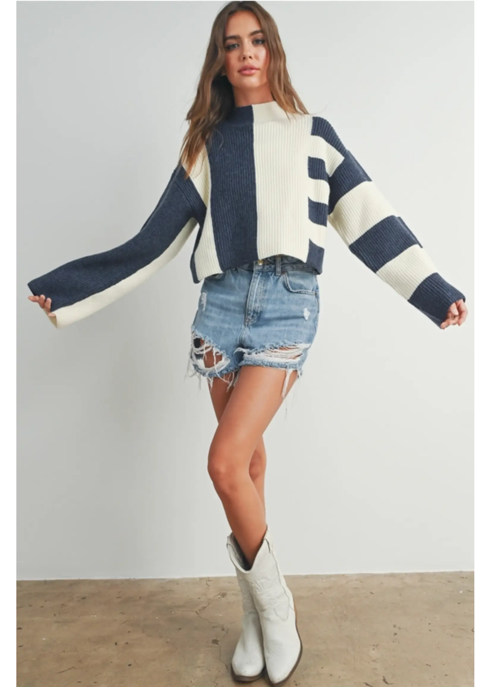 Color Block Mock Turtleneck Sweater