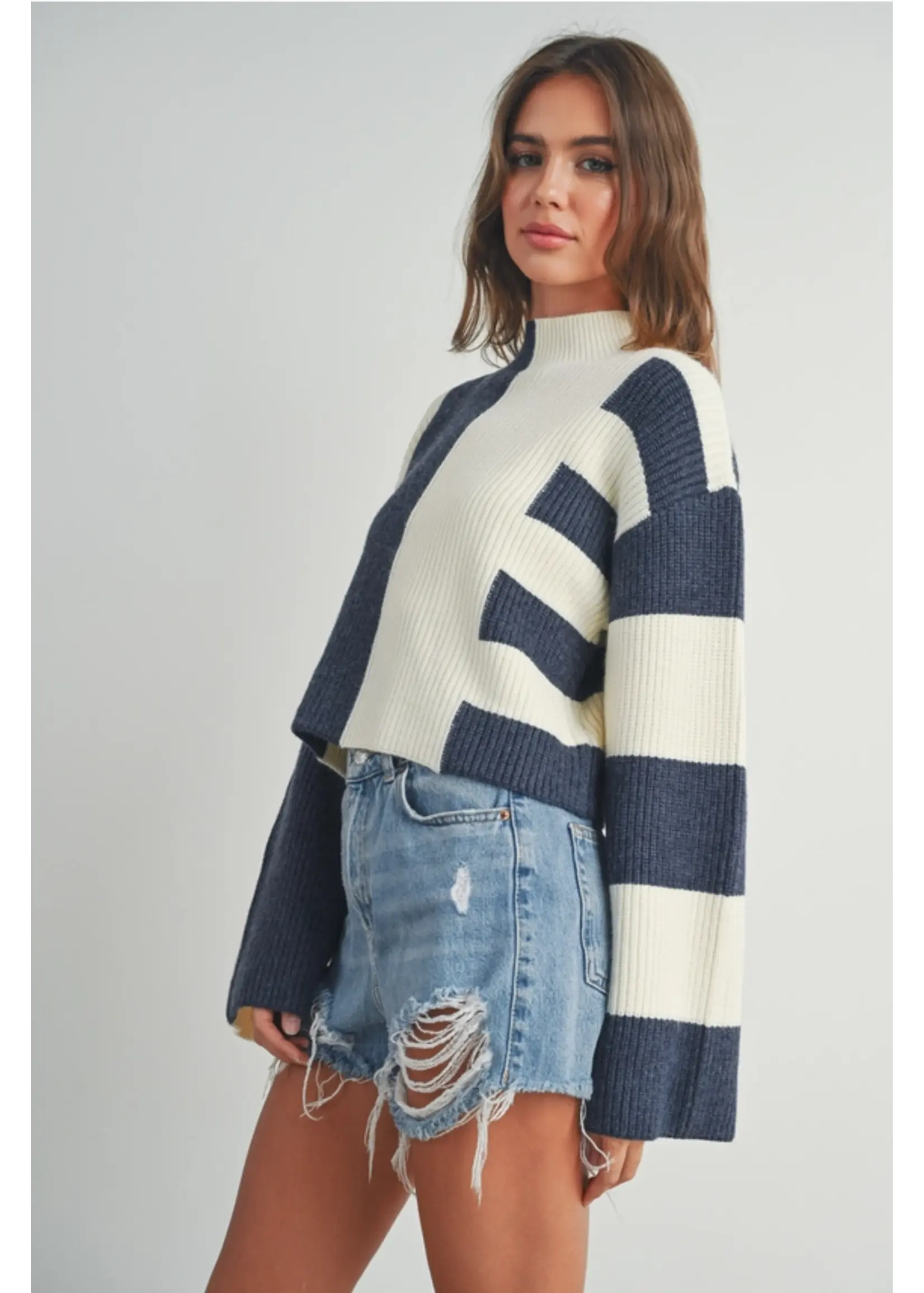 Color Block Mock Turtleneck Sweater