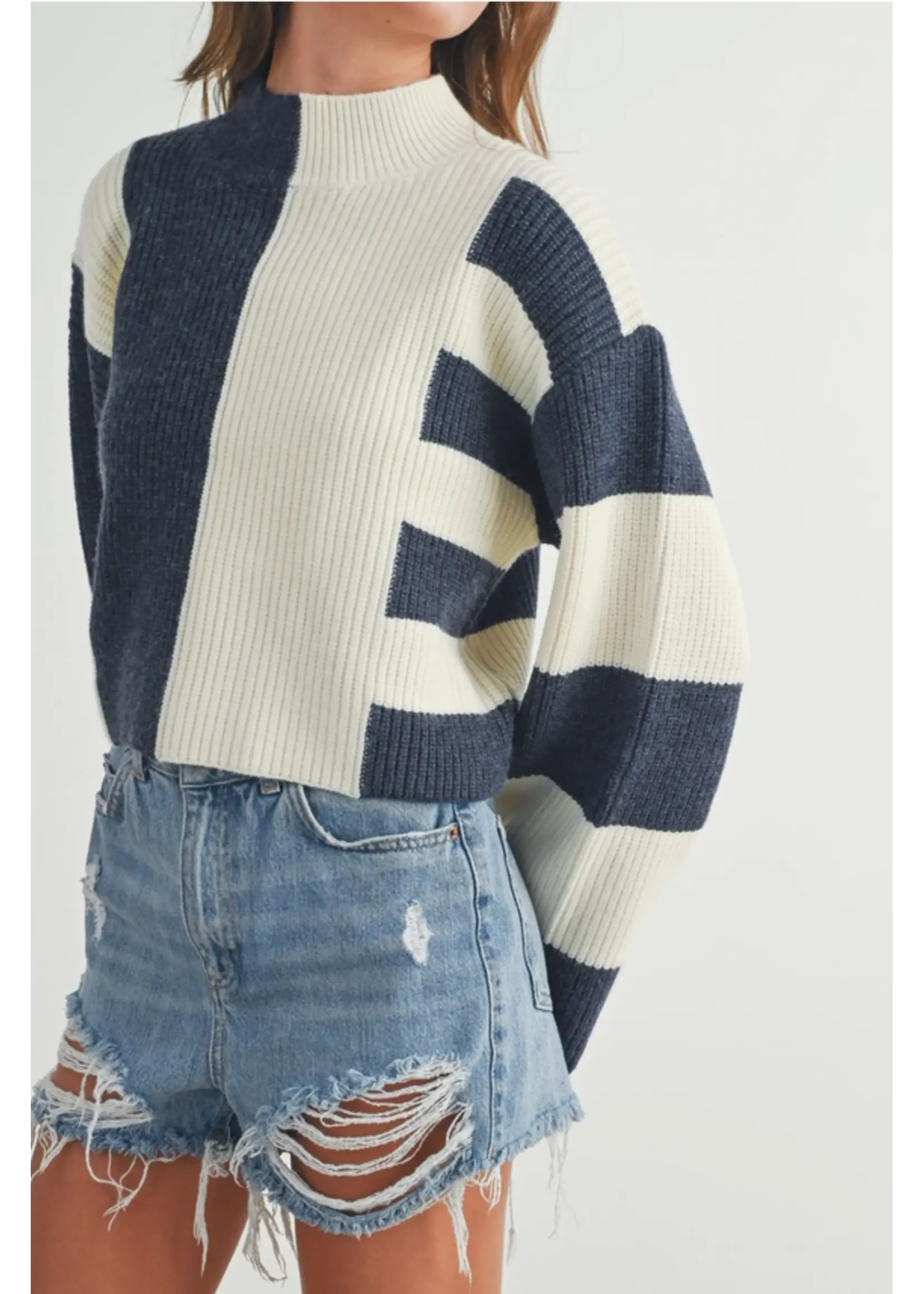 Color Block Mock Turtleneck Sweater