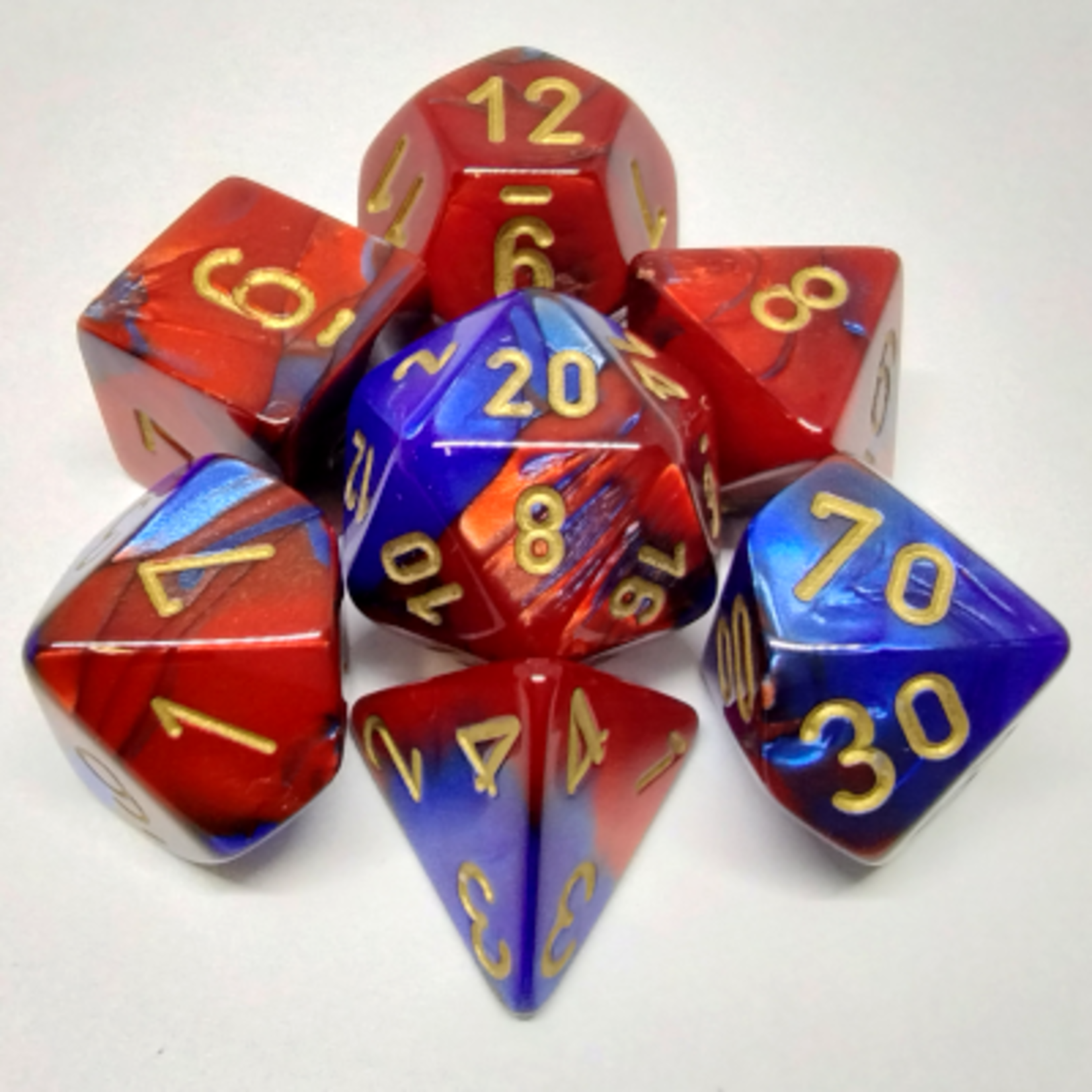 Chessex Ensemble de 7 dés polyédriques Gemini bleu rouge avec chiffres dorés