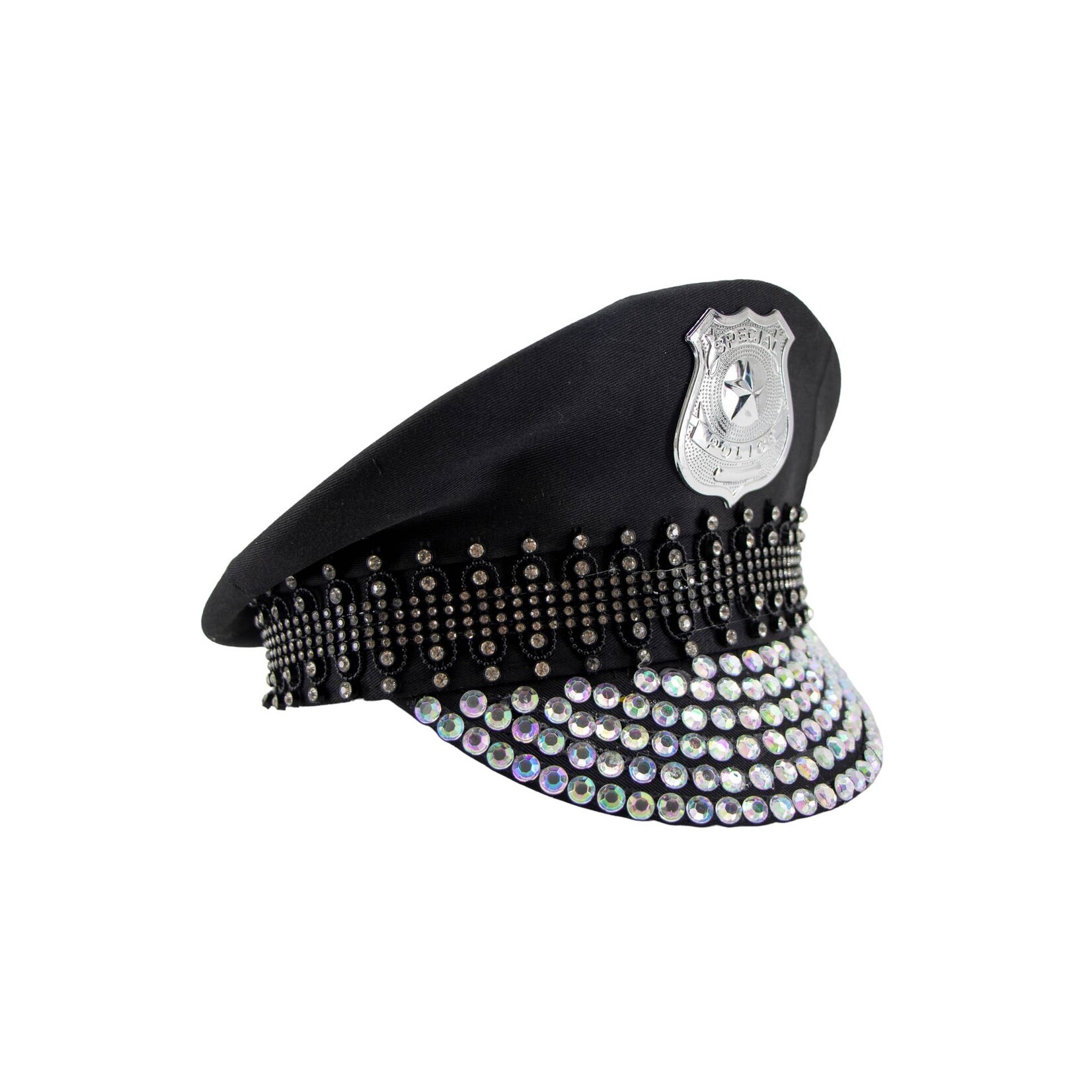 Western Fashion Diamond Police Hat - Black