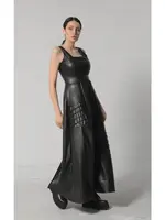 Metamorphoza V-Leather Goth Style Long Dress -