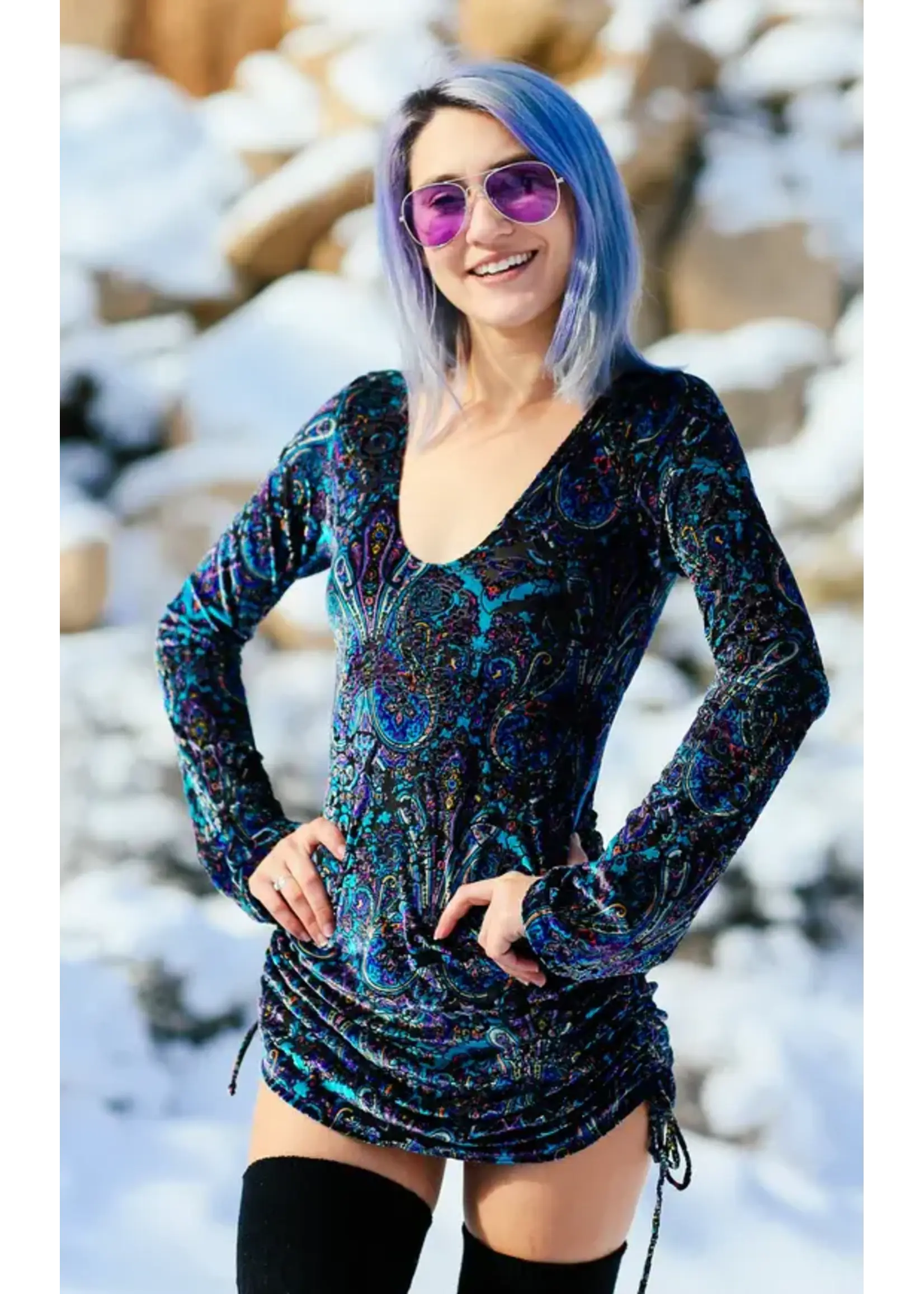 Warrior Within Designs Purple Paisley Burnout Sleeved Echo Cinch Dress