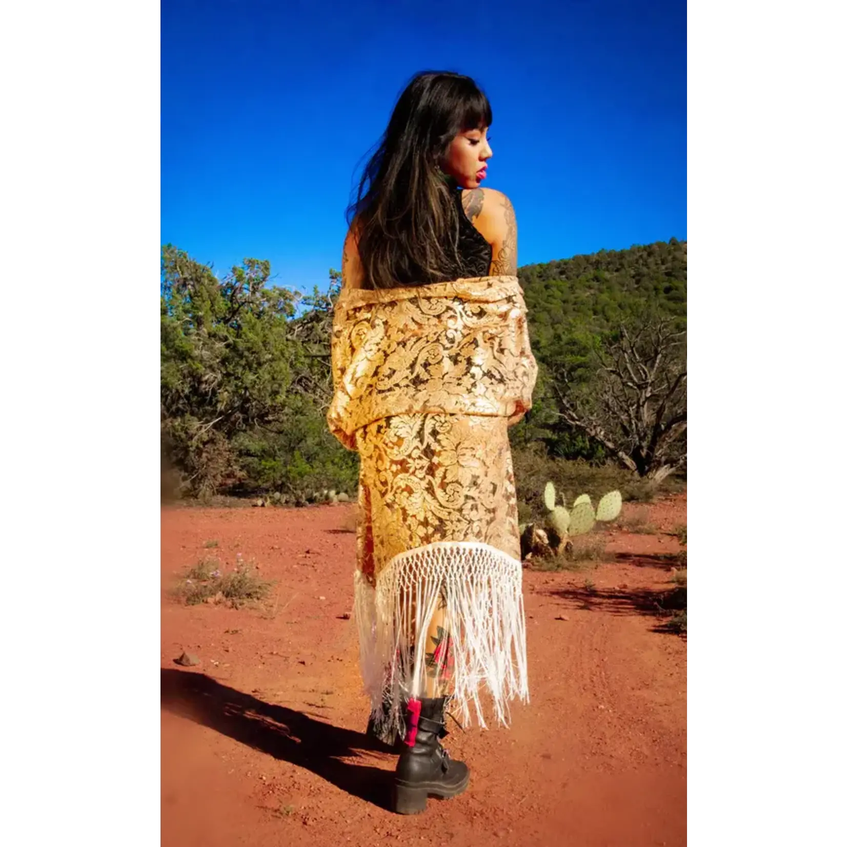 Warrior Within Designs Rose Gold Lace Kimono with White Fringe