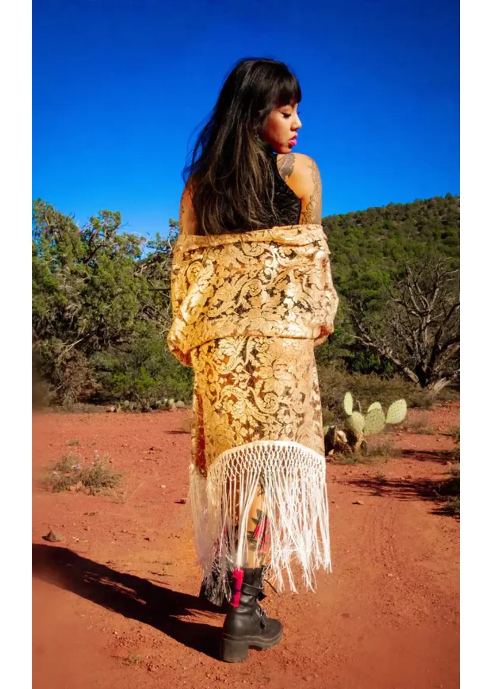 Warrior Within Designs Rose Gold Lace Kimono with White Fringe