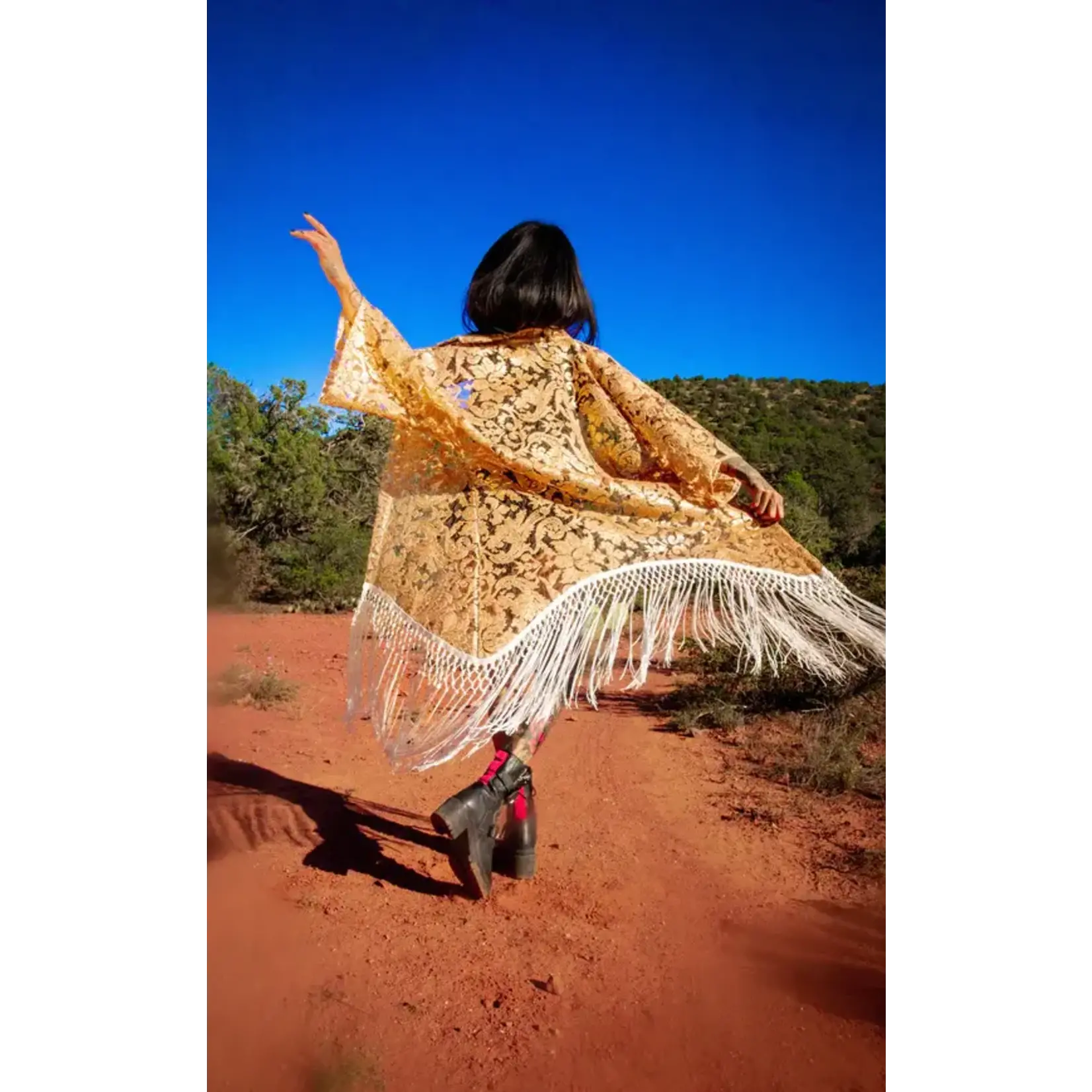 Warrior Within Designs Rose Gold Lace Kimono with White Fringe