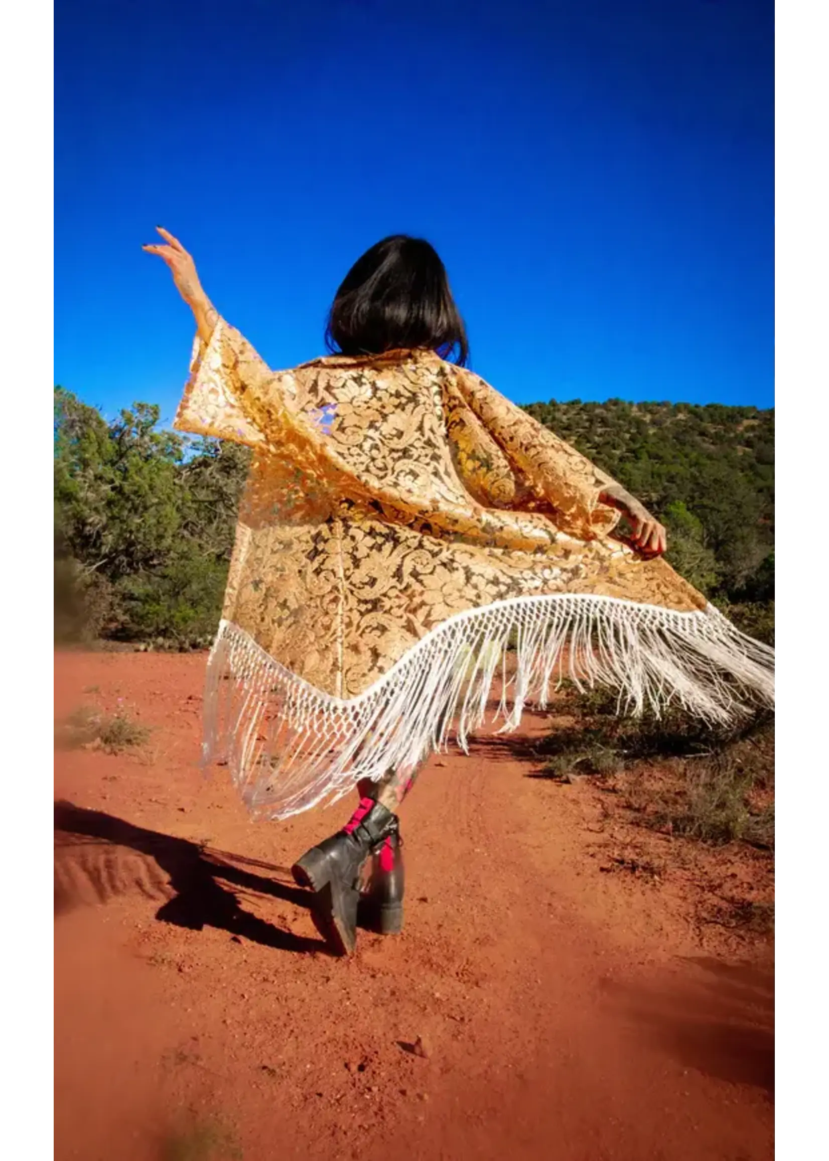 Warrior Within Designs Rose Gold Lace Kimono with White Fringe