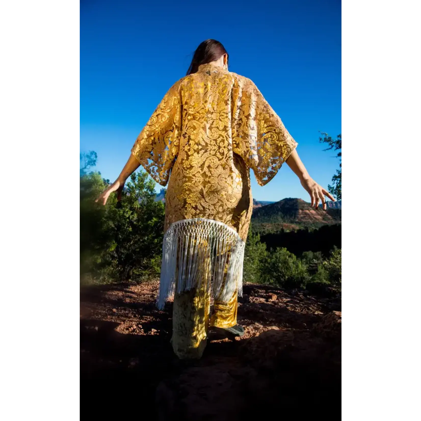 Warrior Within Designs Rose Gold Lace Kimono with White Fringe