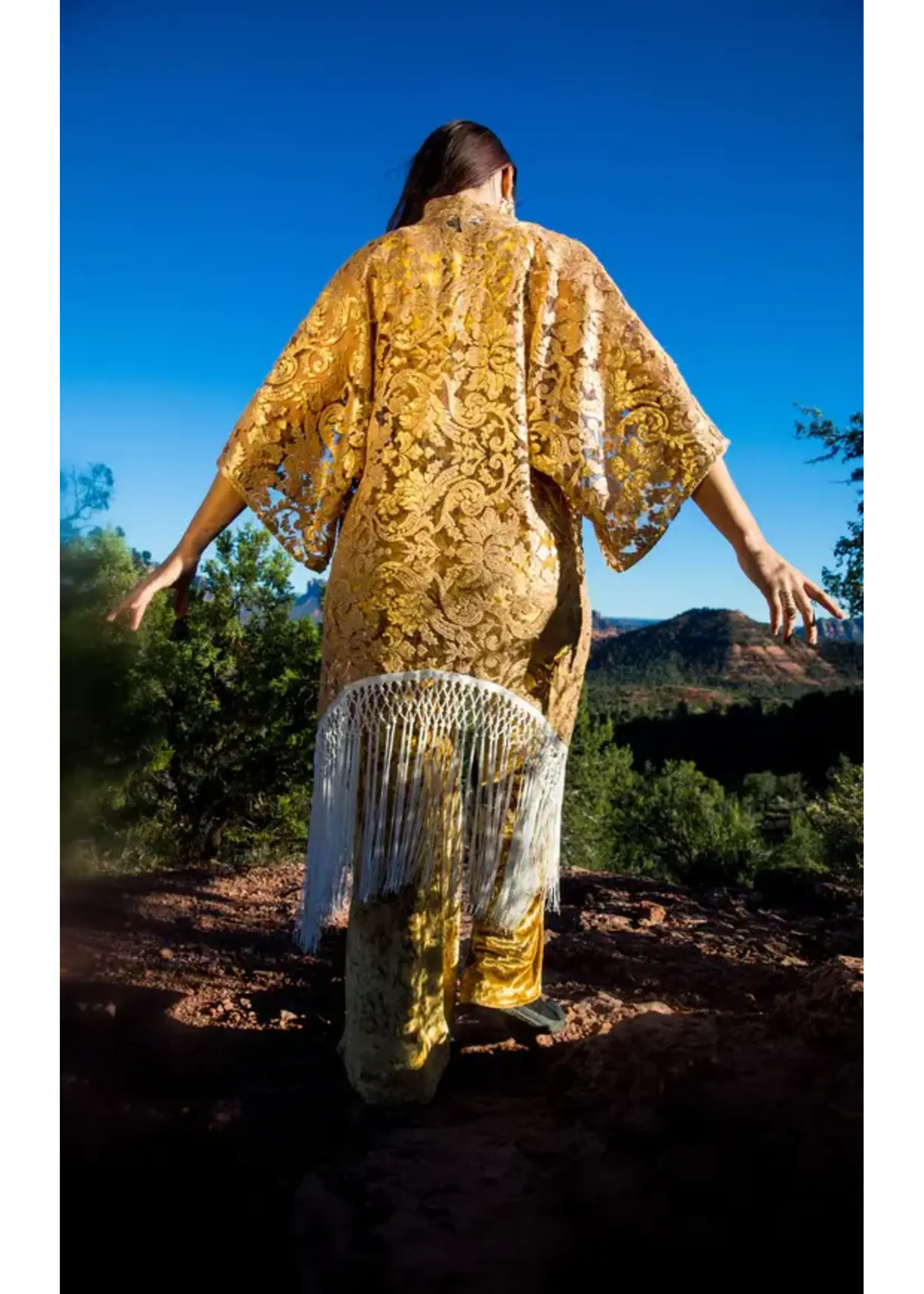 Warrior Within Designs Rose Gold Lace Kimono with White Fringe