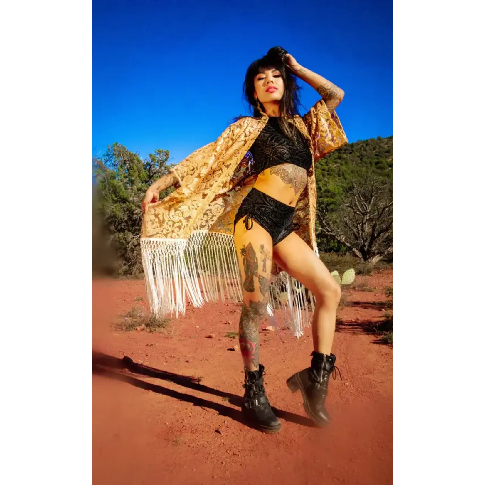 Warrior Within Designs Rose Gold Lace Kimono with White Fringe