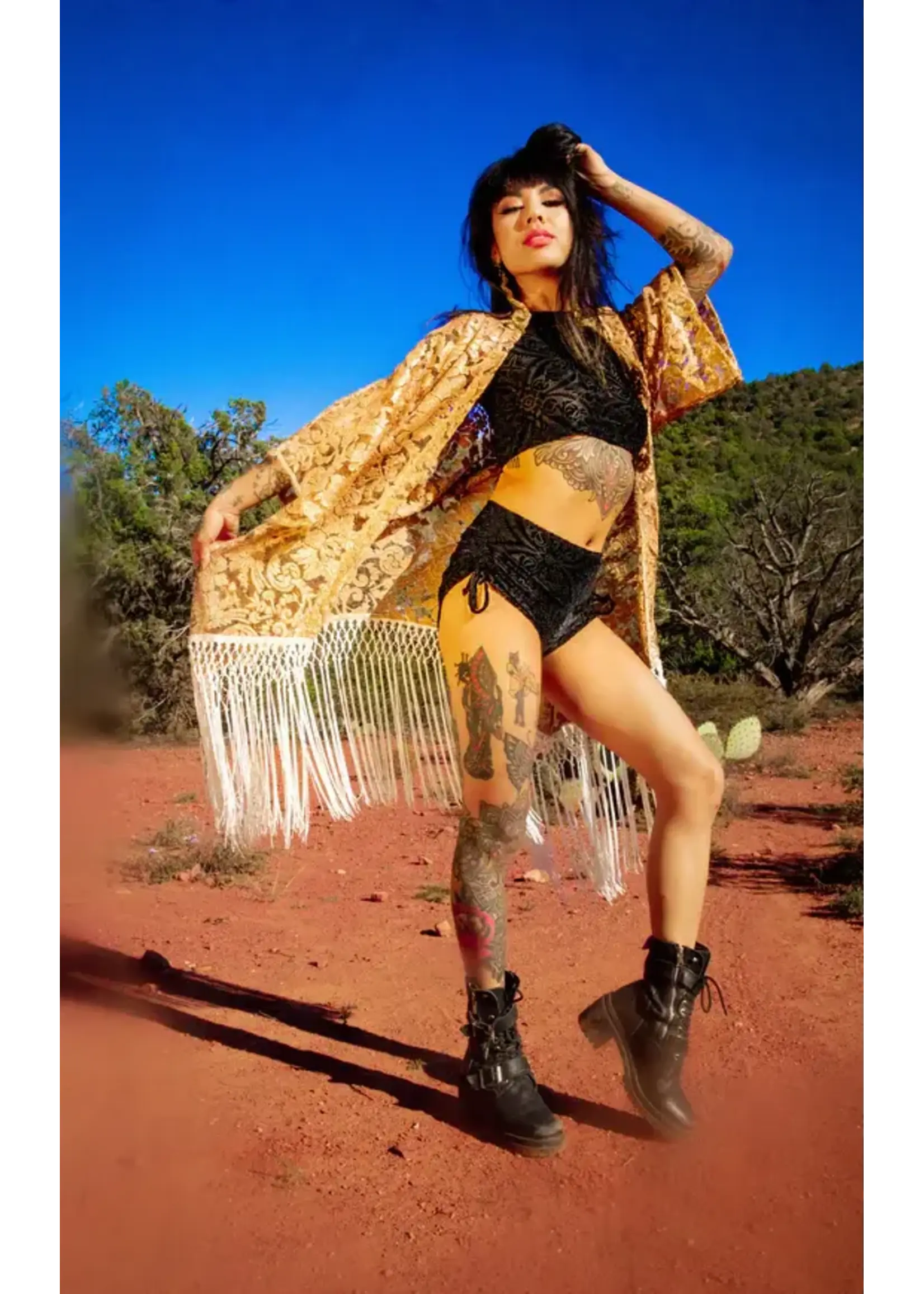 Warrior Within Designs Rose Gold Lace Kimono with White Fringe