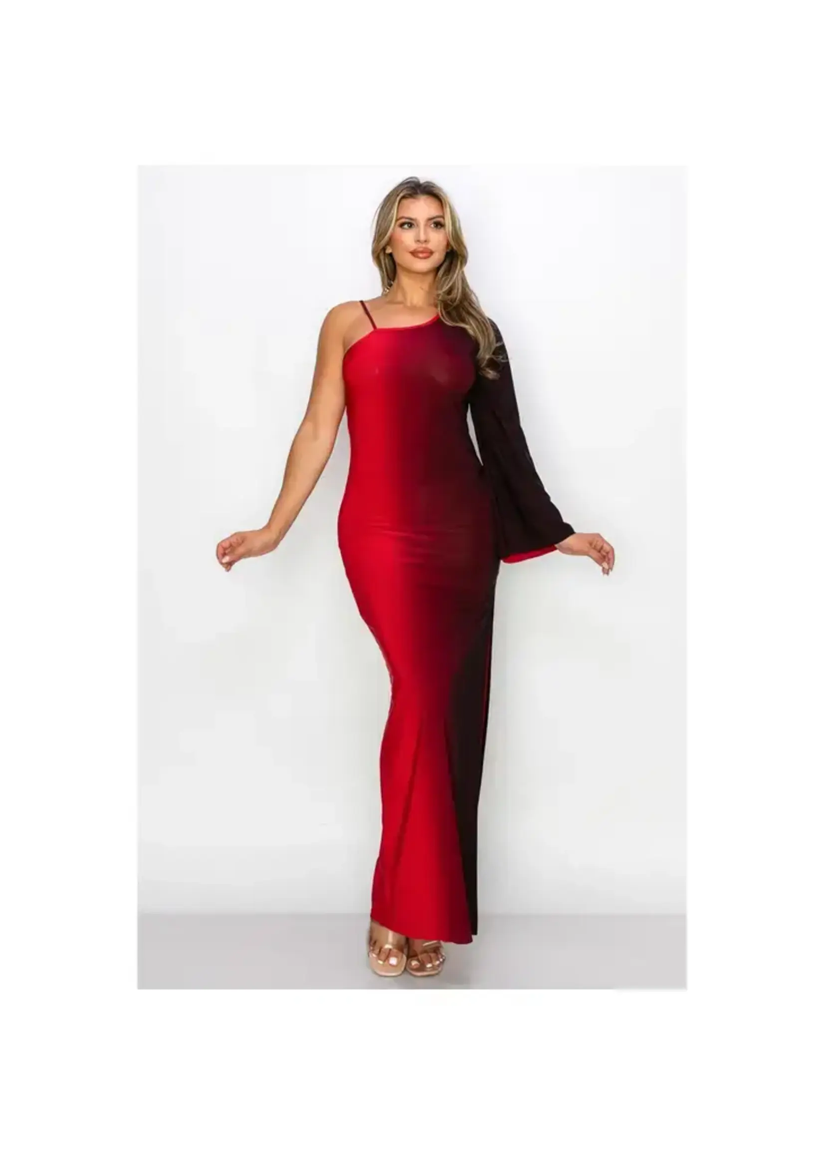 ASYMMETRICAL SLEEVE MAXI DRESS  RED