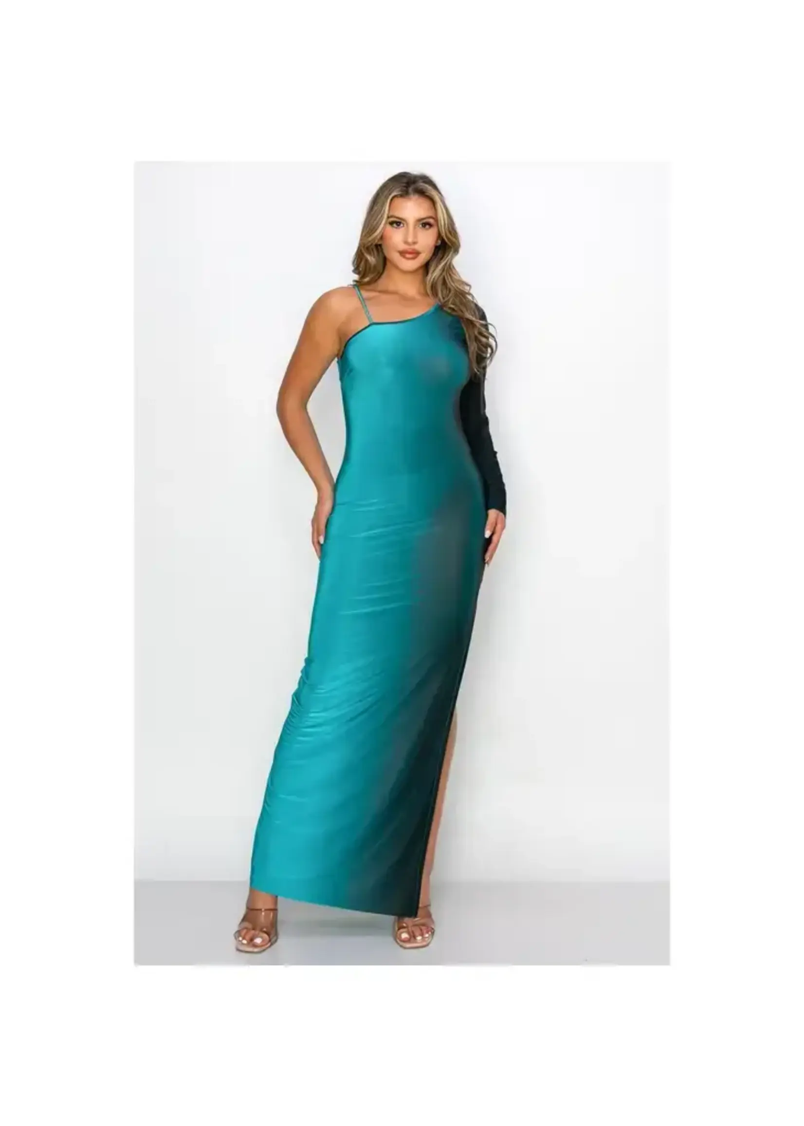 ASYMMETRICAL SLEEVE MAXI DRESS  TEAL