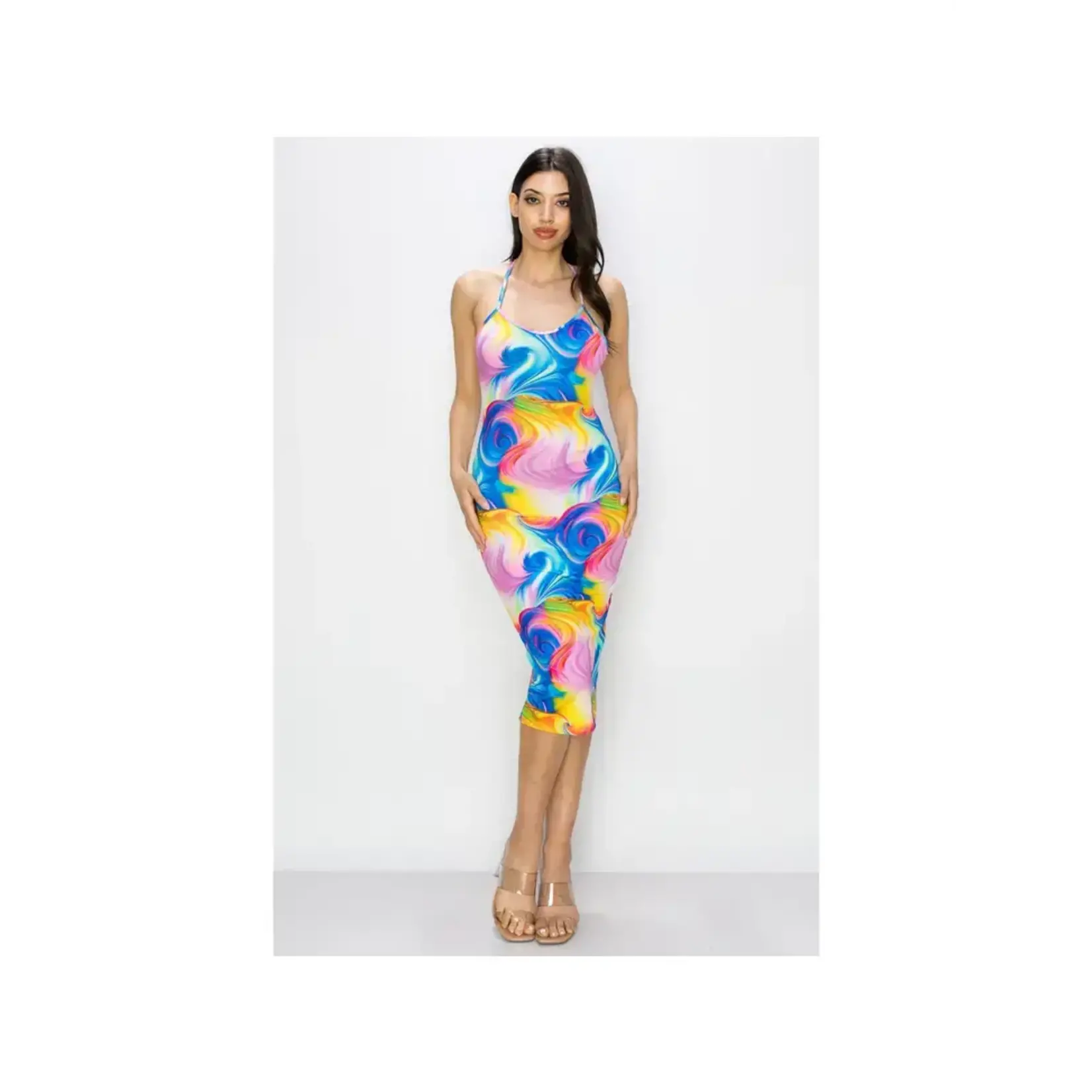 Glance CROSS BACK SLEEVELESS BODYCON MIDI DRESS  BLUE MARBLE