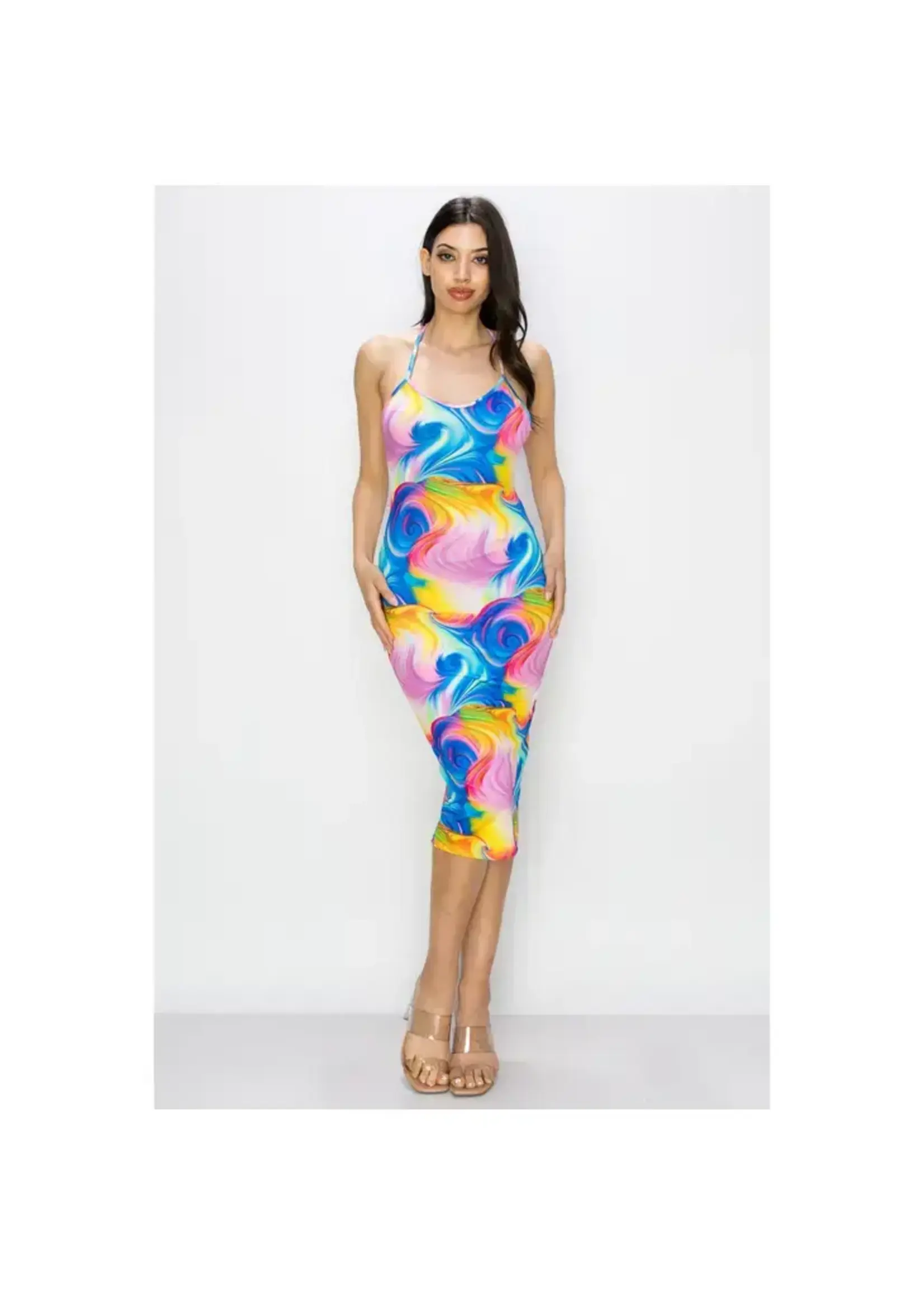 CROSS BACK SLEEVELESS BODYCON MIDI DRESS  BLUE MARBLE
