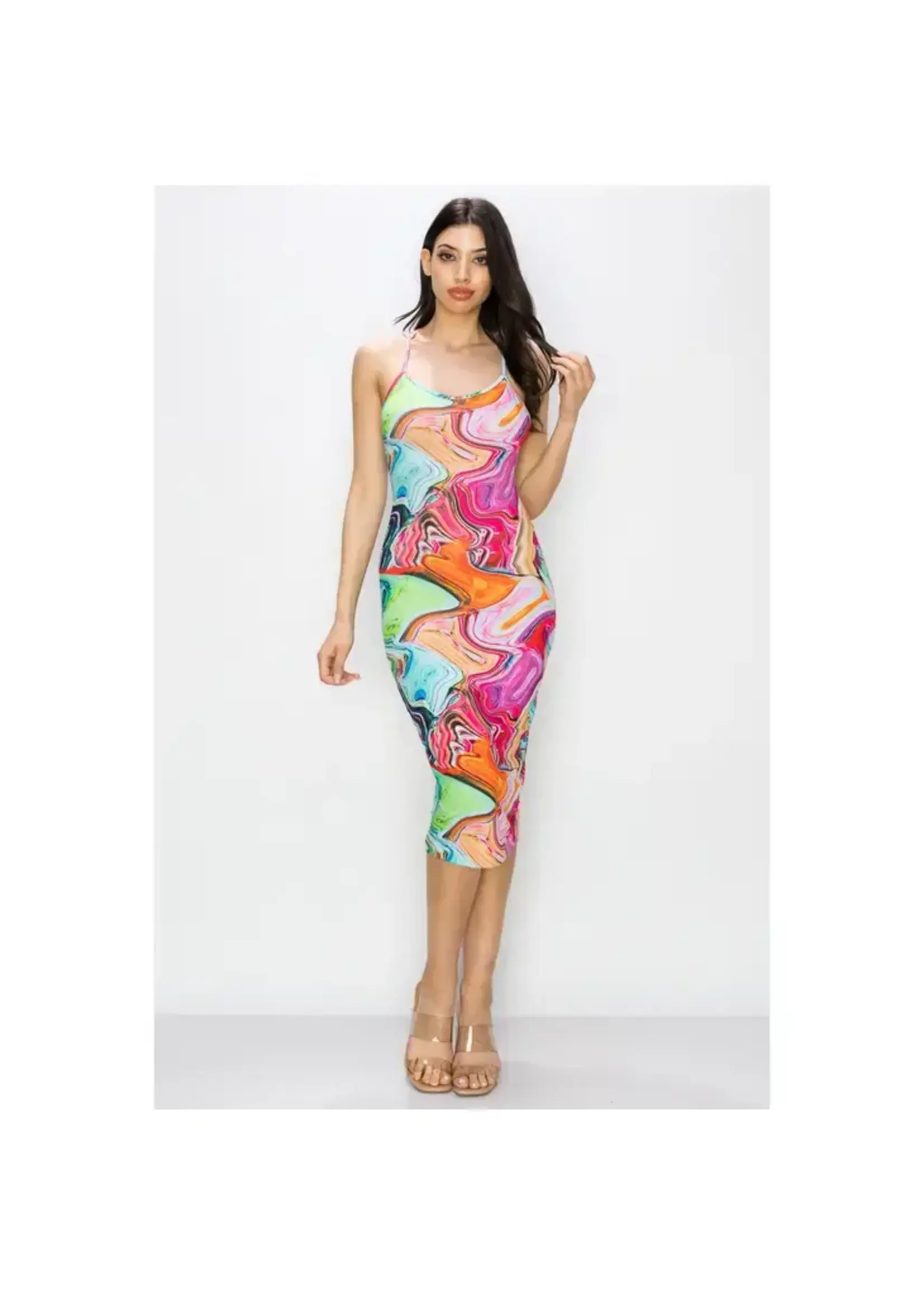 CROSS BACK SLEEVELESS BODYCON MIDI DRESS  PINK MARBLE