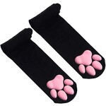 LittleForBig 3D Night-Glow Pink/Yellow Paw Pad Long Silk Stockings Black
