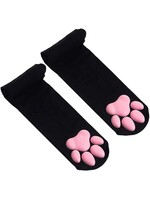 LittleForBig 3D Night-Glow Pink/Yellow Paw Pad Long Silk Stockings Black