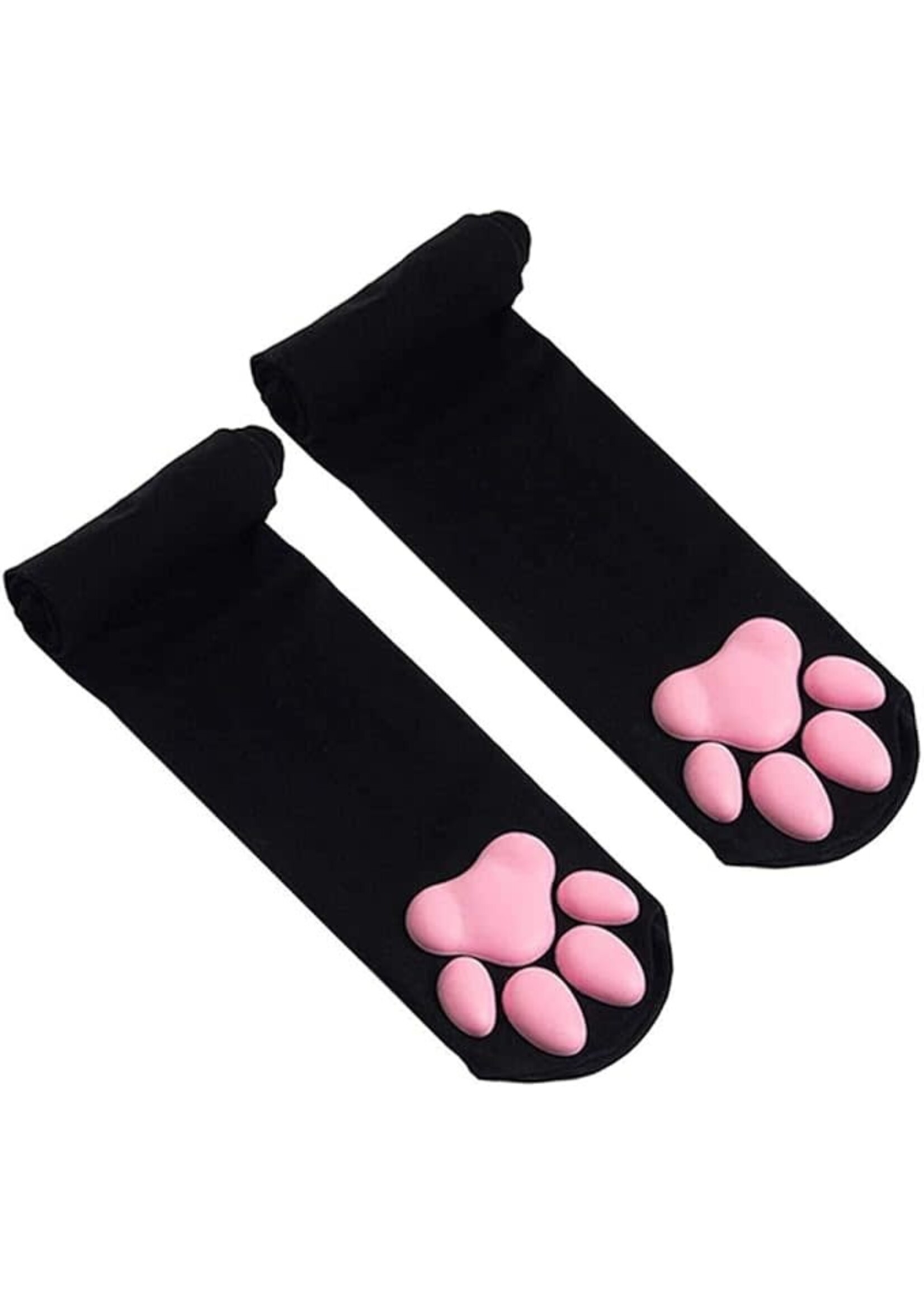 LittleForBig 3D Night-Glow Pink/Yellow Paw Pad Long Silk Stockings Black