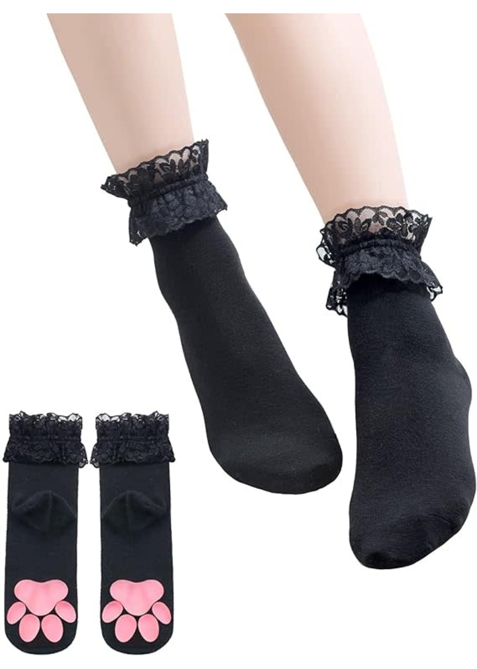 LittleForBig 3D Paw Pad Lace Trim Cotton Frilly Ankle Socks