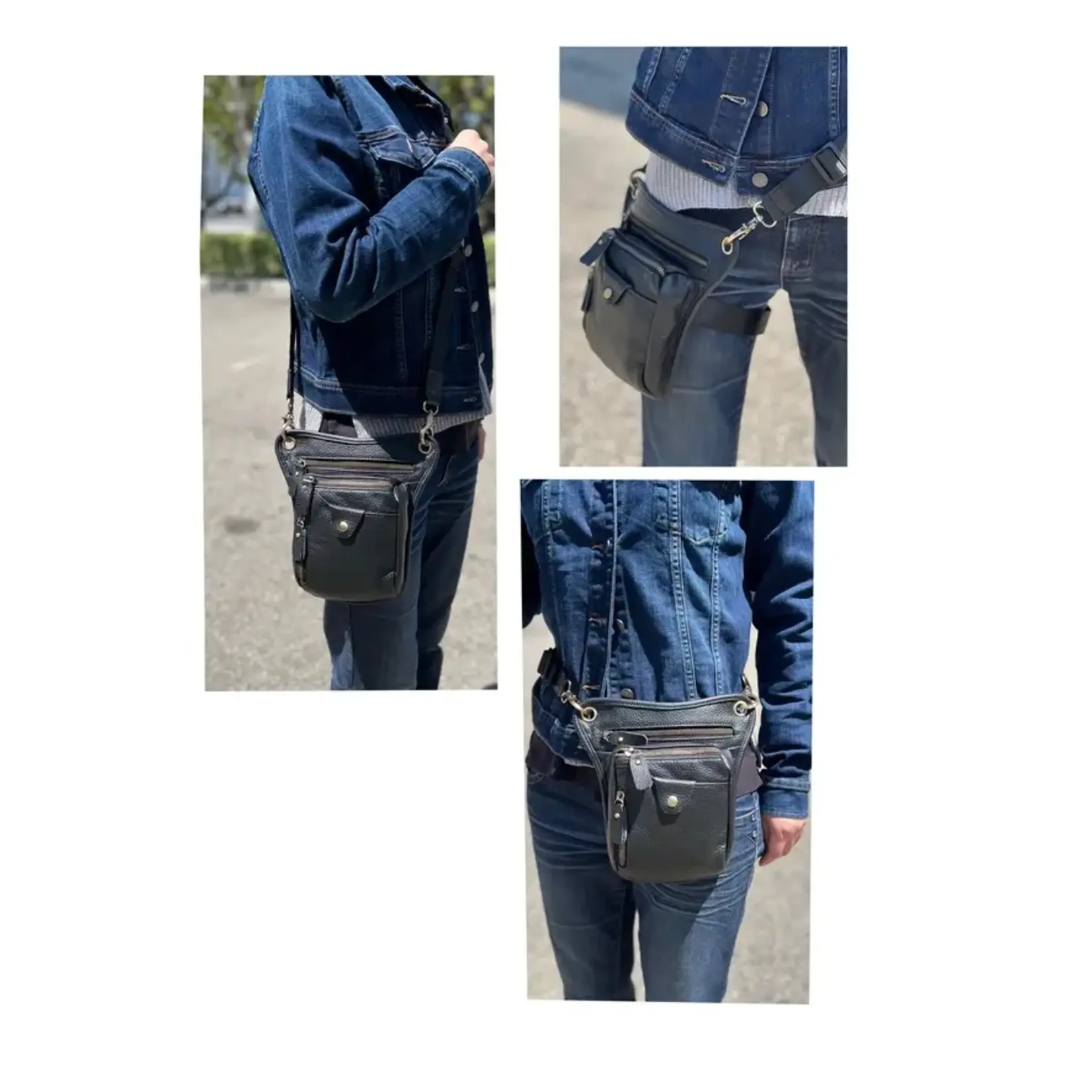 Roma Leathers Cowhide Versatile Crossbody Shoulder Bag Fanny Pack Leg Bag  Black