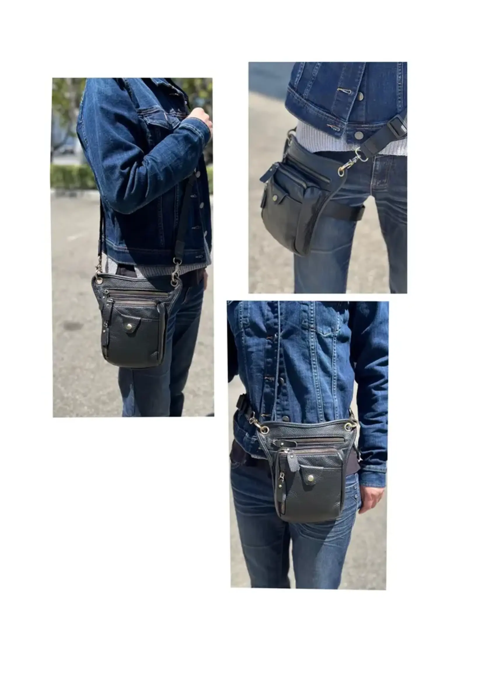 Roma Leathers Cowhide Versatile Crossbody Shoulder Bag Fanny Pack Leg Bag  Black