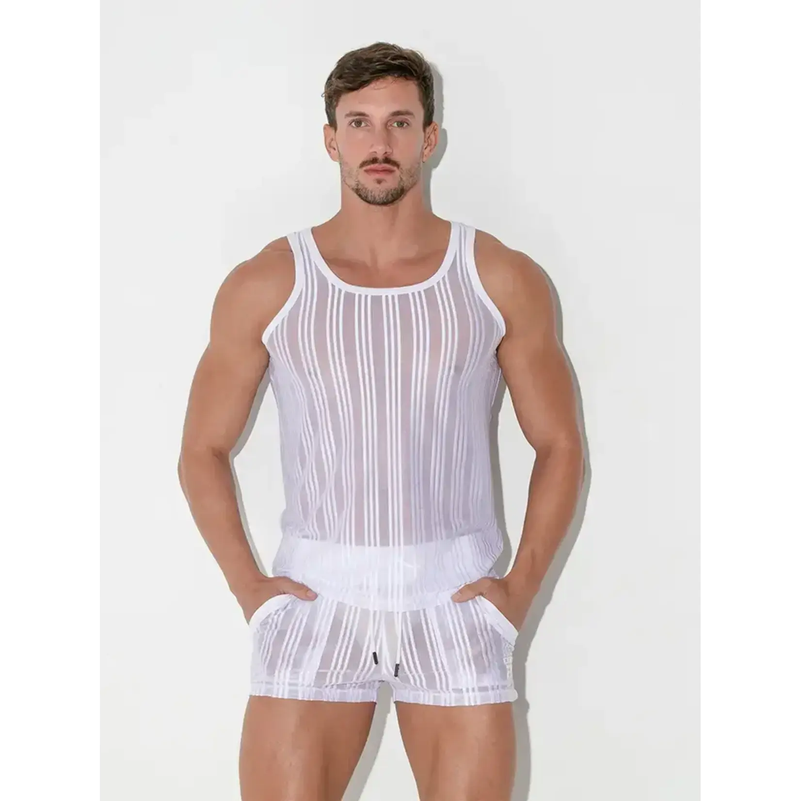 Code 22 White Striped Mesh Tank T-Shirt | 9623-01