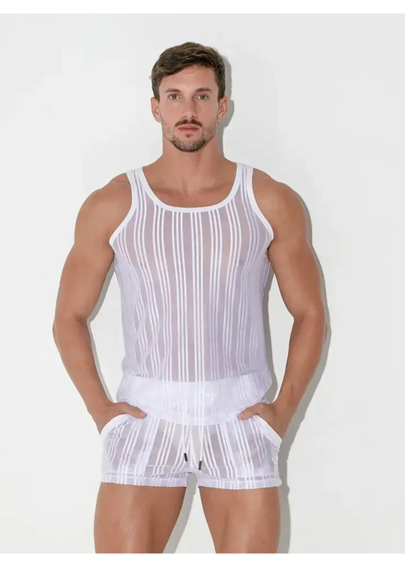 Code 22 White Striped Mesh Tank T-Shirt | 9623-01